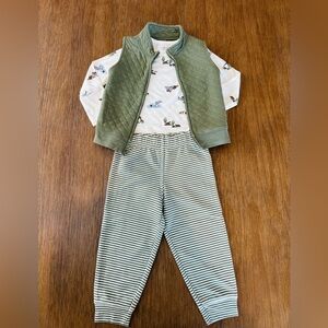 3 piece Green Quilted Vest with Striped Pants Set